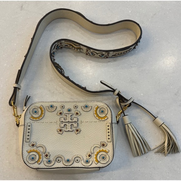 Tory Burch Handbags - Tory Burch McGraw Mixed Materials Camera Bag White Leather Crossbody Tassels